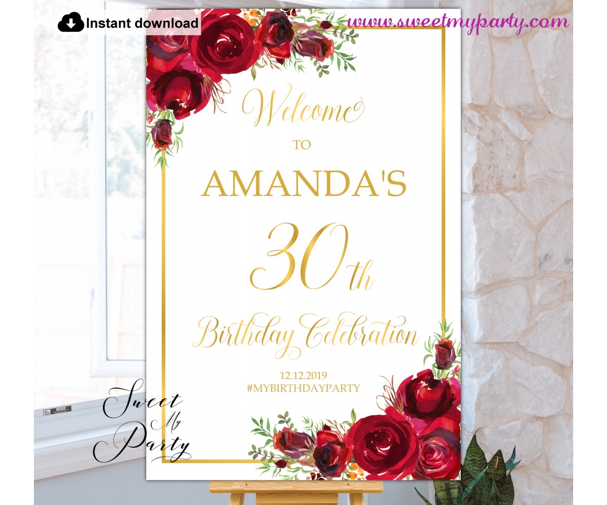 Red Roses 30th Birthday Party Welcome sign template,(16)